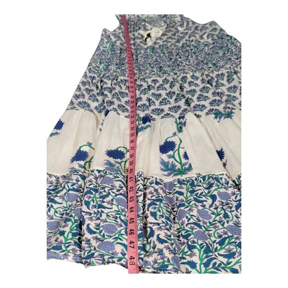 Chelsea & Theodore Split Neck Boho‎ Midi Dress Blue Floral Block Print - Picture 7 of 14